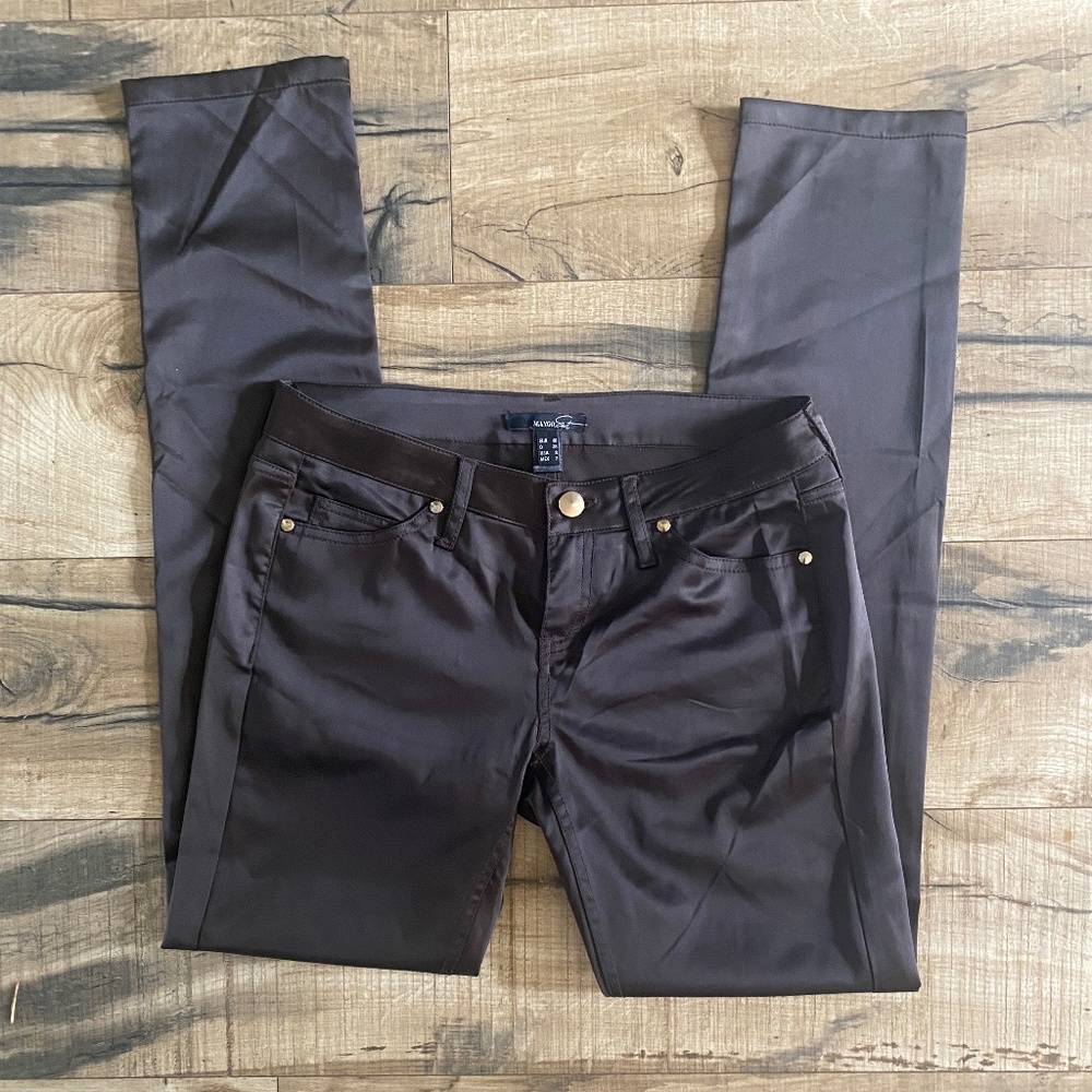 Mango Size US 8/EU 40 Dark Brown Satin 5-pocket Tapered Jeans w/Stretch NEW